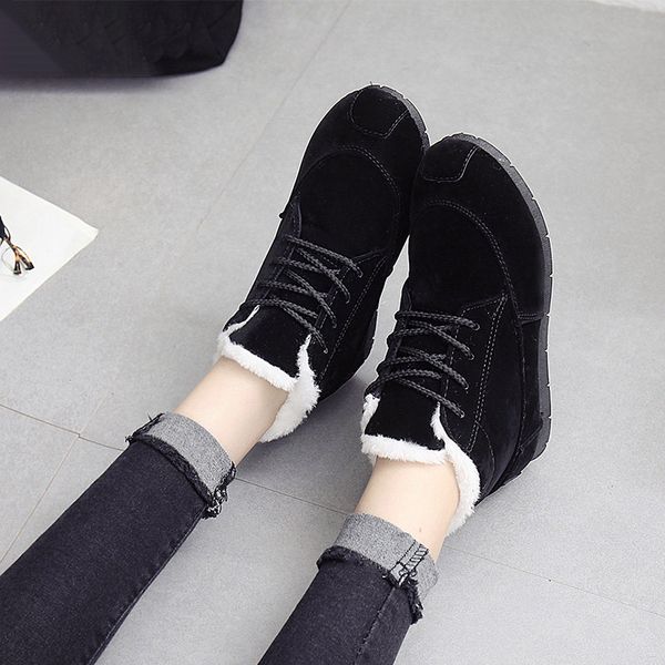 

new 2020 woman snow boots winter women solid lace up ankle boots woman's slip on flock sewing flat female fashion causal shoes, Black