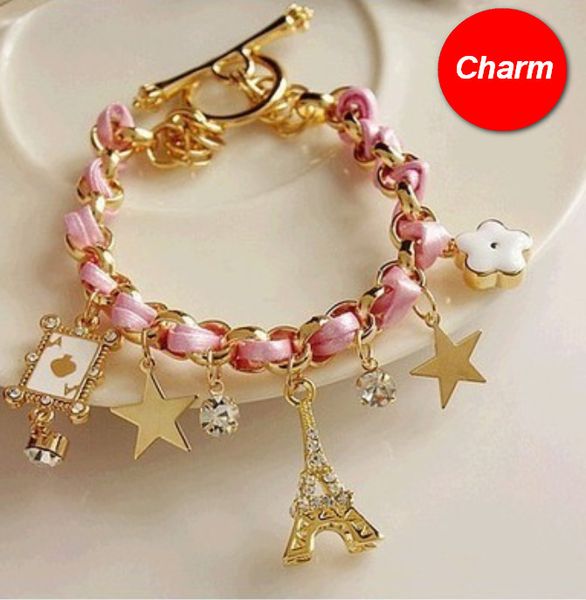 

franch pairs eiffel tower tribal leather woven stretch bracelet boho hemp linen string bracelet gold acc087, Golden;silver