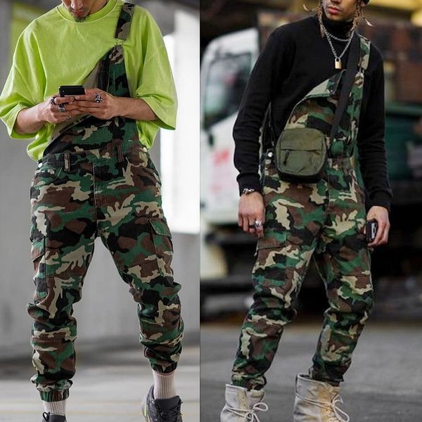 

2019 men single shoulder jeans strap pencil overalls casual jeans pant pantalones hombre camouflage print denim jumpsuits, Blue