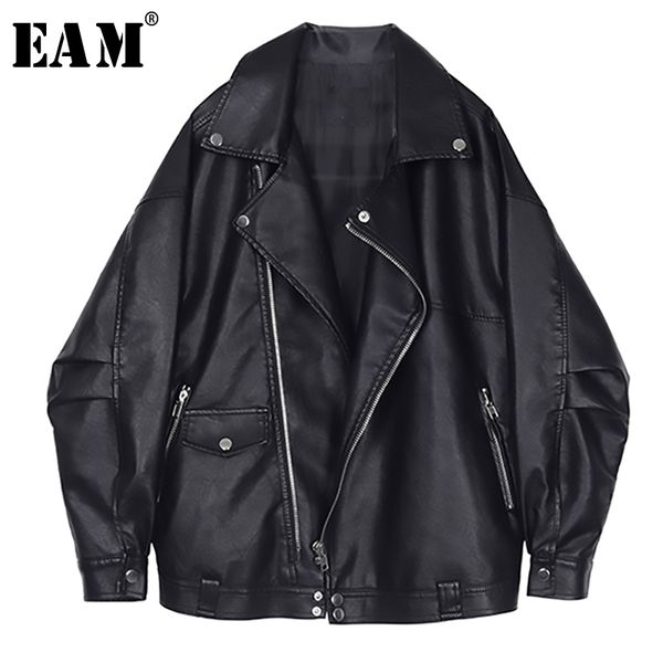 

eam] 2020 new spring autumn lapel long sleeve black loose pocket cool pu leather big size jacket women coat fashion tide jq032, Black;brown