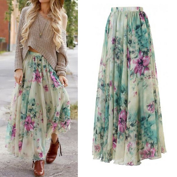 

2020 chiffon boho womens bohemian high waist floral print jersey gypsy summer skirts summer beach long maxi skirts, Black