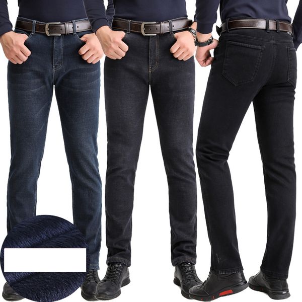 

winter men jeans plus velvet thicken new men's denim trousers high waist elastic straight slim warm fleece cowboy jeans pants, Blue