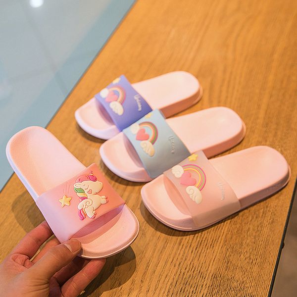 

suihyung unicorn slippers for girl new cartoon rainbow horse kids summer beach shoes sandals children non-slip bathroom slippers, Black;grey