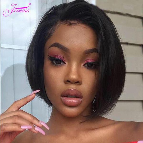 

lace wigs jessenia straight human hair front wig 13x3 pixie cut brazilian short bob remy density 150%, Black;brown