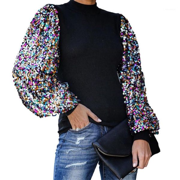 

designer tshirts ladies crew neck tees with lantern sleeve fashion sequins panelled spring womens, White