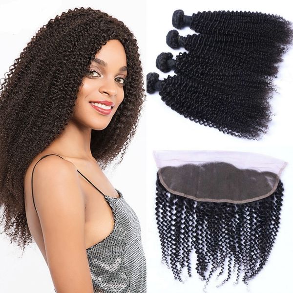 

malaysian virgin hair kinky curly 4 bundles with frontal part 13x4 lace frontal closure with human hair bundles, Black;brown