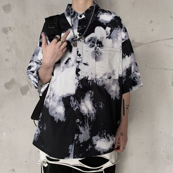 

summer tie-краситель рубашки мужская мода printed повседневная рубашка мужчины streetwear wild хип-хоп сыпучие с короткими рукавами мужские, White;black