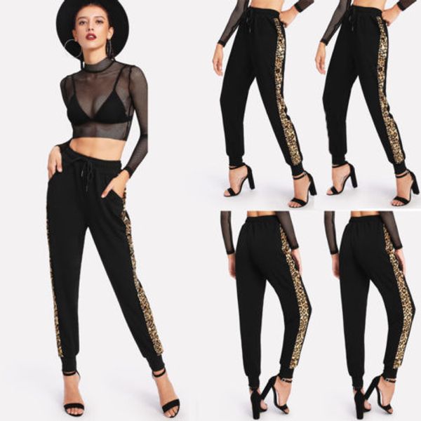 

new fashion leopard pant women stretch pant high waist sytretch casual sportwear dance baggy slacks sweat pants trouser, Black;white
