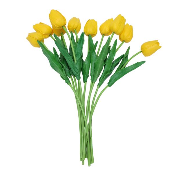 

promotion 10pcs yellow latex real touch tulip flower with leaves for wedding bouquet decorate