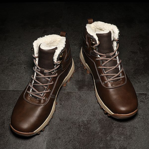 

winter warm snow boots male genuine leather men shoes handmade plush male snow boots vintage british style men shoes size 39-48, Black