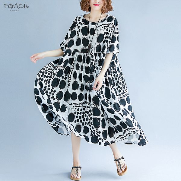 

Women Summer Dress Plus Size Femme Dresses Large Vestidos Clothing Print Dot Black Elegant Lady Casual Loose Linen Long