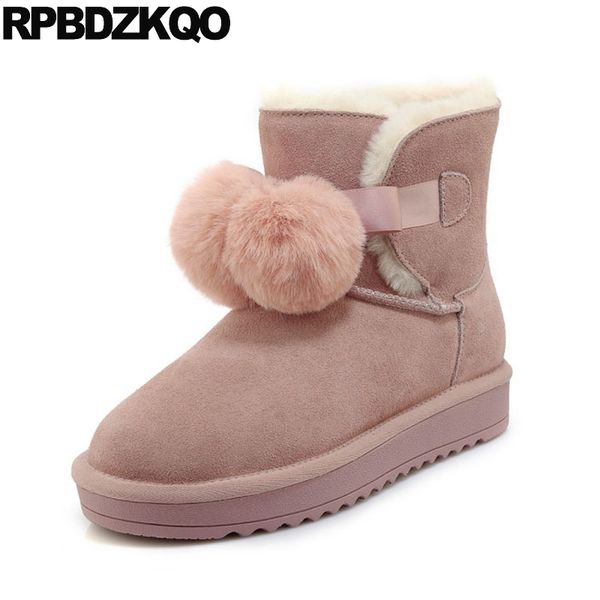 

pink pom poms comfortable booties shoes australian women ankle boots 2019 round toe black ladies snow fur slip on flat winter