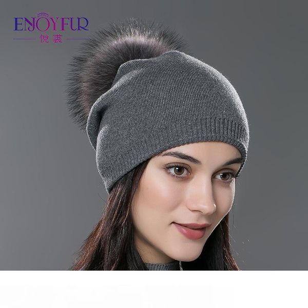 

autumn winter beanies hat knitted wool skullies casual cap with real raccoon fox fur pompom solid colors ski gorros cap, Blue;gray