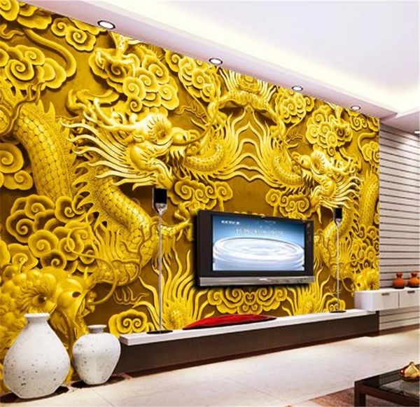 Wallpaper costume 3d China Woodcarving auspicioso subindo Double Dragon 3D Sala Quarto fundo decoração da parede Wallpaper