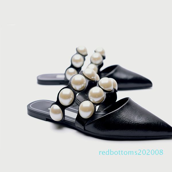 

monmoira pointed toe pearl women sandals summer women slippers slip on flat sandals sandalias mujer sandale femme 08r, Black