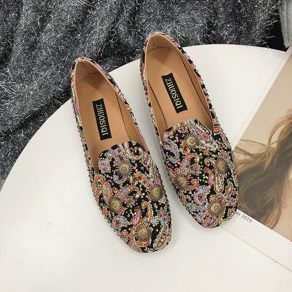 

women loafers shallow boat shoes slip on vintage floral mother shoes rivet lazy summer ladies flats sneakers casual peas shoes t200325, Black