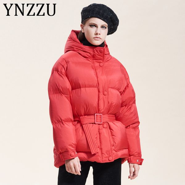 

ynzzu 2019 winter new candy color women's down coat ultra light white duck down coat hooded warm female jacket with sashes a1186, Black
