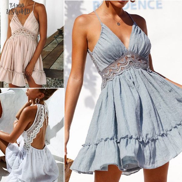 

women clothes casual sleeveless v neck boho floral dress summer evening party beach solid lace sundress solid less pullover, Black;gray