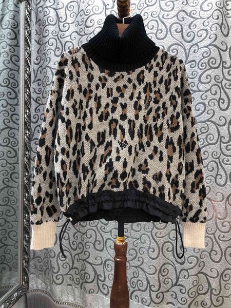 

2019 early autumn new woman's neck, high neck, leopard-print knitted long sleeve, 100-lace sweater knitted shirt 809, White;black