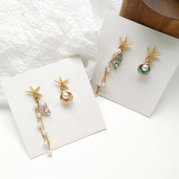 

2019 korean new stylish shell starfish earrings fashion asymmetrical long tassel beads earring, Silver
