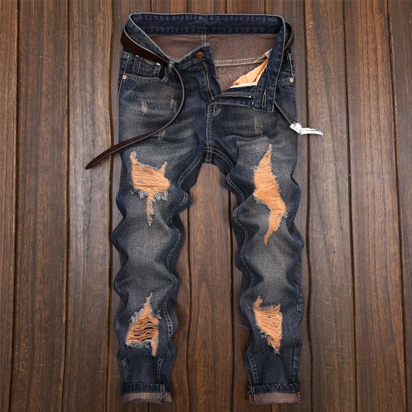 

mens brand pencil jeans men cool hop hop skinny ripped hole destroyed stretch slim fit ankle length pants plus size, Blue