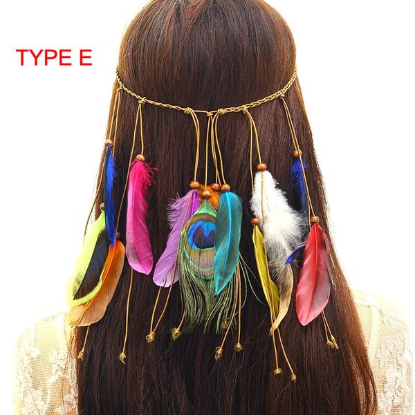 Fasce per capelli con piume bohémien di vendita calda in Europa e negli Stati Uniti, piume di pavone hippie, accessori colorati per capelli per donne e ragazze