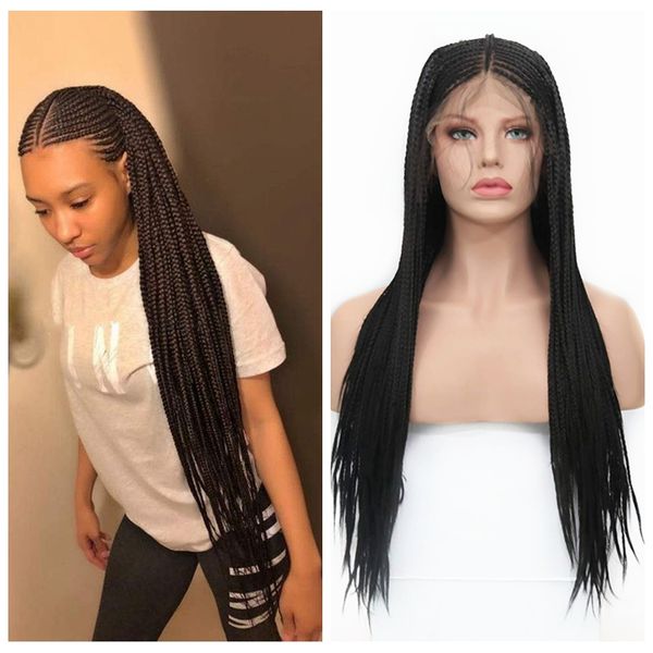 180 Density Black Micro Braids Synthetic Lace Front Wig Braiding