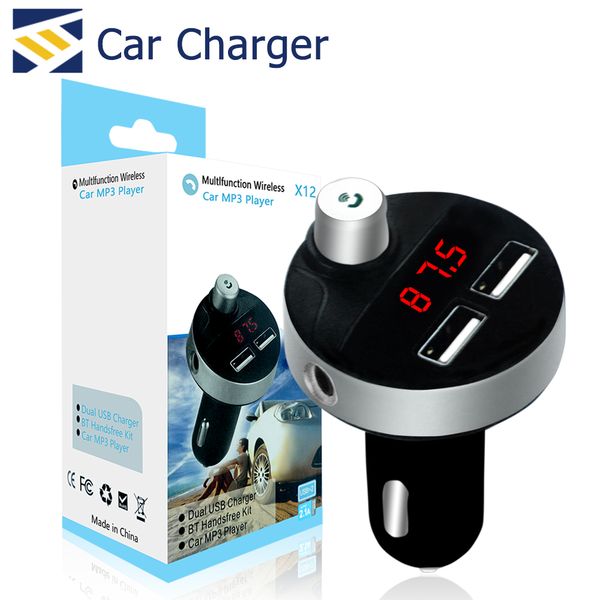 

x12 dual usb port wireless bluetooth portable 2.1a travel car kit charger fm transmitter adapter for iphone 11 pro max samsung with package