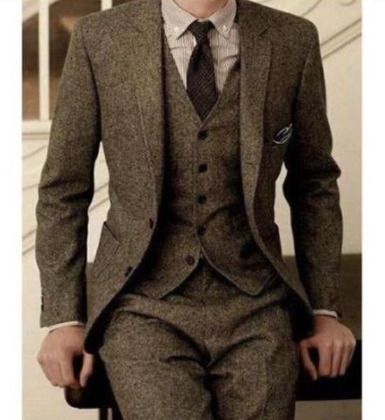

2020 vintage mens suits wool tweed 3-piece brown khaki herringbone suit custom slim fit groom wear wedding tuxedos, Black;gray