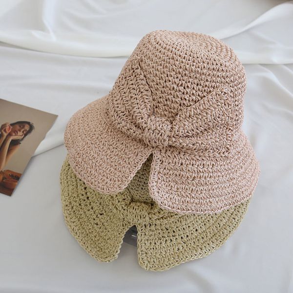 

fashion summer womens caps retro woven bow solid foldable sunshade cap bucket beach casual hats, Black;white