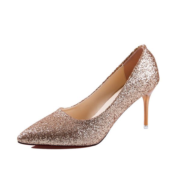 

2020 new gold wedding shoes pink bride shoes pointed mature goddess sequined high-heeled single shoe hyjc, Black