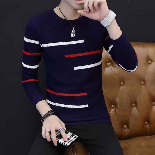 

sweater men 2019 new fashion autumn winter long sleeve round neck men sweater cotton pullover striped slim fit mens sweaters, White;black