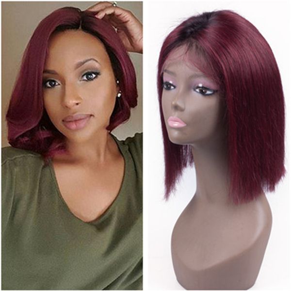 

бургундия ombre индийский девственница человеческих волос короткие боб парики 1b / 99j вино красный ombre полный кружева парики темный корен, Black;brown