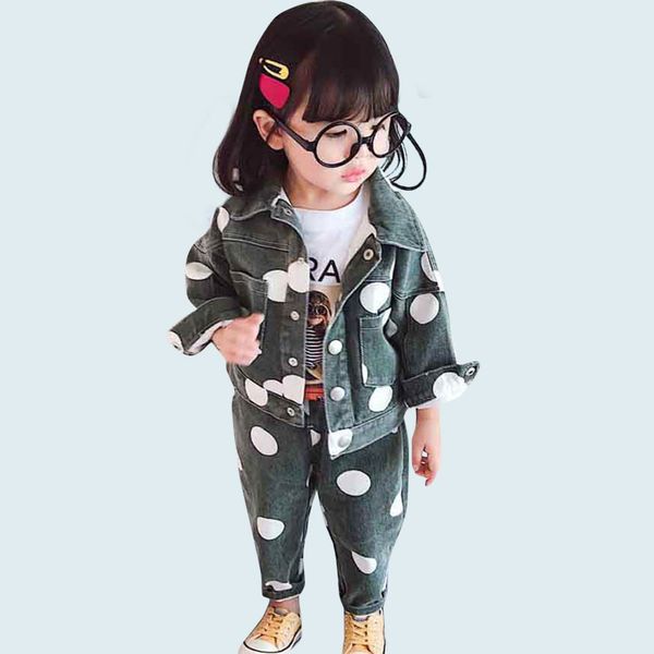 

kids clothes dot jacket + jeans girls clothing set turn down collar denim suit for baby girl autumn novelty kids suit for girls y200325, White