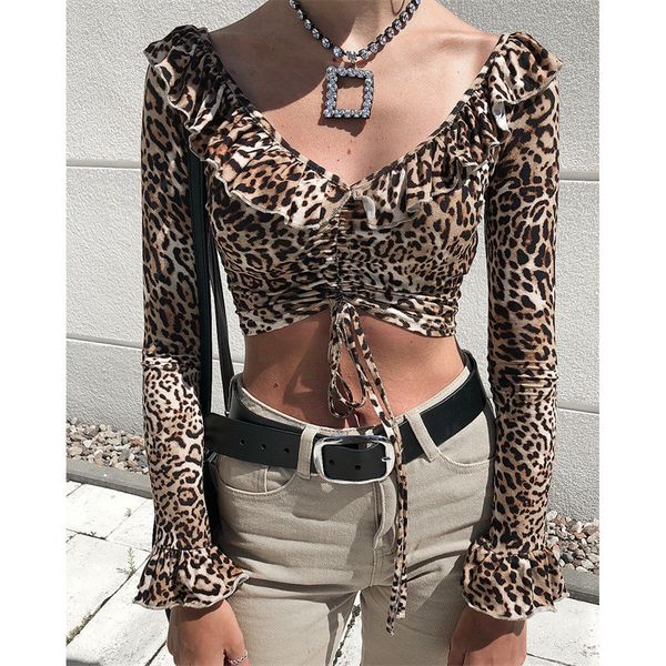 

женские рубашки 2019 весна новый сексуальный топ с v-образным вырезом мода леопардовым принтом с длинными рукавами узкие кружевные укороченн, White