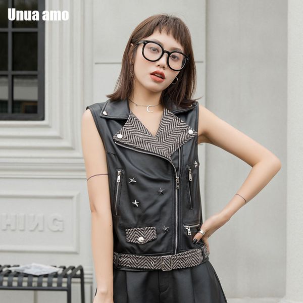 

unua amo sleeveless leather jacket women turn-down collar waistcoat 2020 streetwear punk rivets genuine leather vest women, Black;white