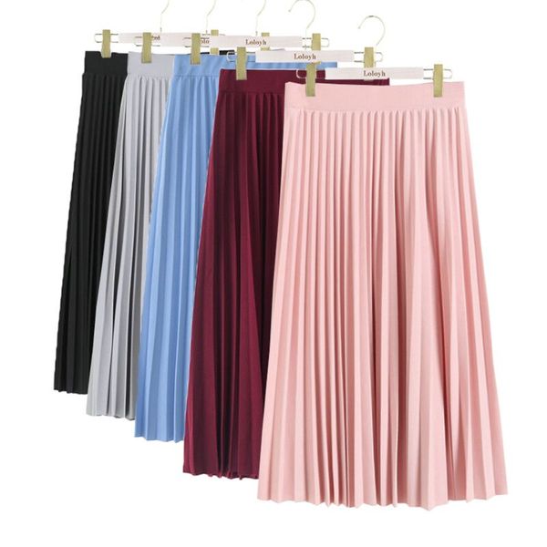 

women fashion high waist pleated solid color ankle length skirt all-match chiffon clothing lady casual stretchy thicken skirts, Black