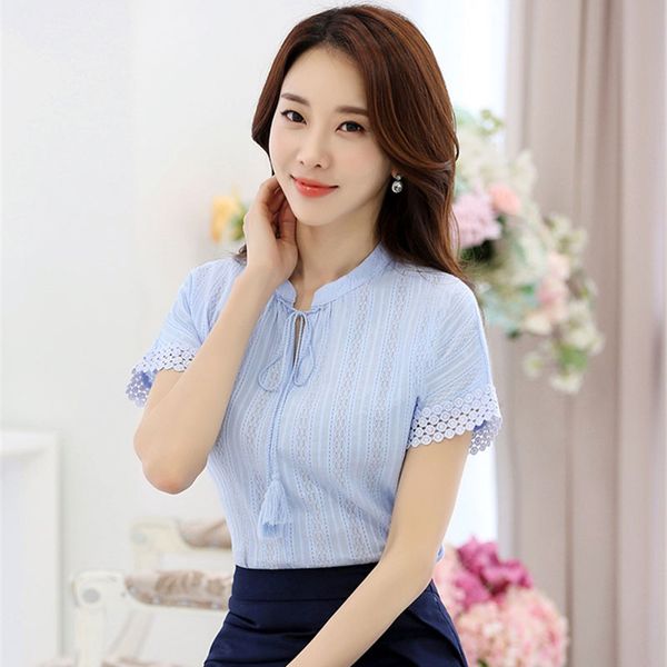 

summer blouse women short sleeve cotton shirt lace hollow out 2020 lady female blue white pink blusas feminina plus size
