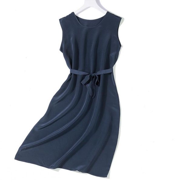 

women's 100% pure silk cdc fabric long dress crew neck sleeveless solid colors  l xl 2xl jn347, Black;gray