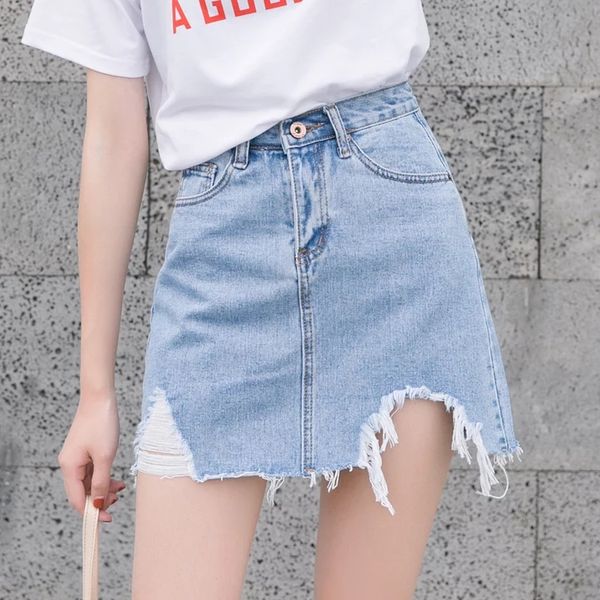 

summer women high waist short washed out denim skirts tassel jean jupe mini frayed raw-edge hem umbrella feminino, Black