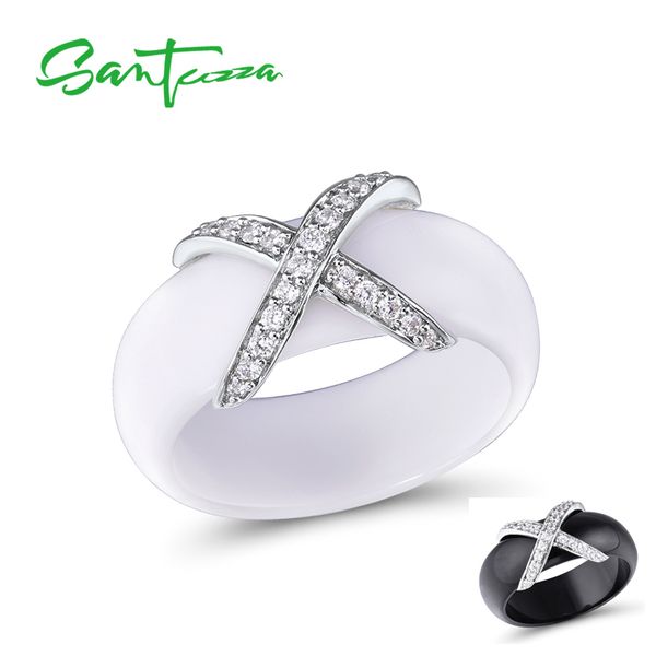

santuzza silver rings for women pure 925 sterling silver round white black ceramic cubic zirconia fancy anillos fine jewelry, Golden;silver