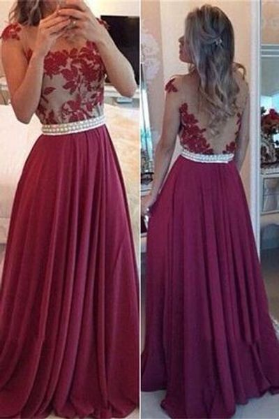 

pearls belt burgundy prom dress see though lace applique ruched formal dress evening gowns robes de cocktail robes de bal abendkleider, Black
