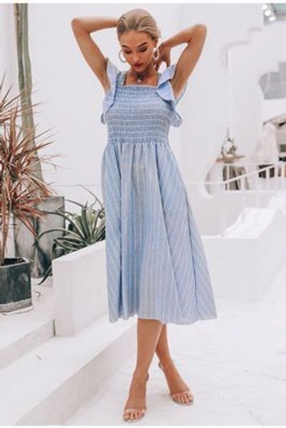 

2019 summer fashion striped pleated ruffled casual fresh sweet temperament butterfly sleeve fit and flare empire long dress, Black;gray