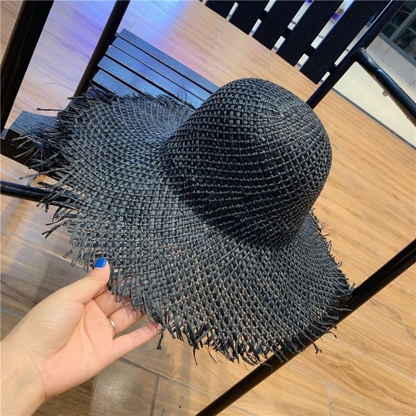 

yuqun industry black sunscreen salted grass woven large eaves dome hat all-match travel sunscreen hat, Blue;gray