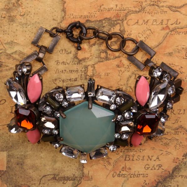 

vintage bronzed color alloy chain colorful crystal resin flower statement charm bracelet for women metal bangle jewelry 2020, Black