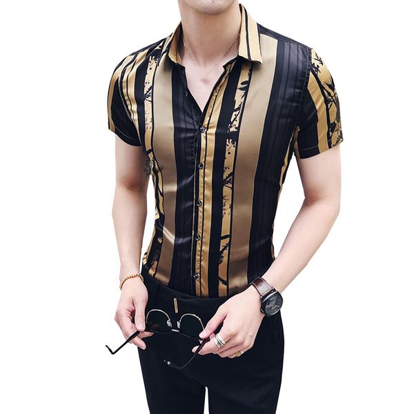 

luxury gold black shirt 2019 summer short sleeve fashion designer party club prom party shirt stylish youth slim for men, White;black