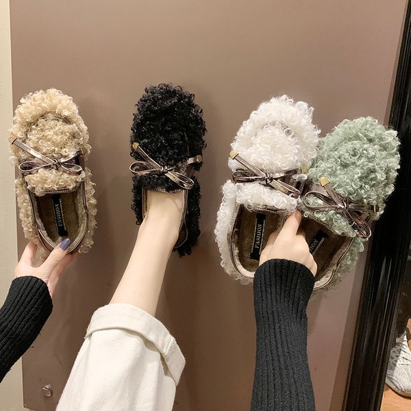

shoes woman flats slip-on round toe bow-knot loafers fur casual female sneakers women women's moccasins shallow mouth dress, Black