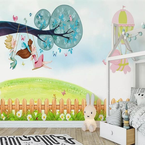 

custom large mural 3d wallpaper nordic paradise cartoon big tree girl swing bedroom mural tv back wall decor deep 5d embossed