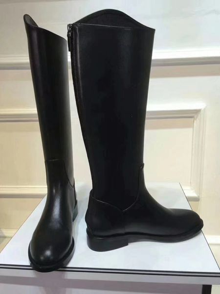 

new fall winter knee boots flat heels leather knight booties for women slip on fashion designer women's combat boot, Black