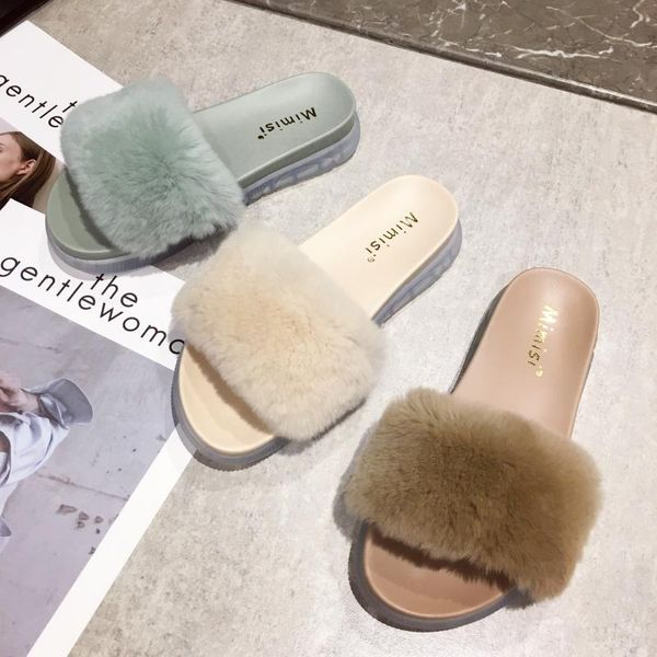 

female shoes slippers casual slides platform low fur flip flops 2020 luxury flat plush basic autumn pu fabric fashion rome, Black